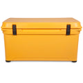 A yellow Engel Coolers 85 High Performance Hard Cooler and Ice Box on a white background.