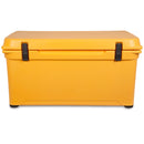 A yellow Engel Coolers 85 High Performance Hard Cooler and Ice Box on a white background.