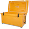 A yellow Engel 85 High Performance Hard Cooler and Ice Box with a lid and handles.