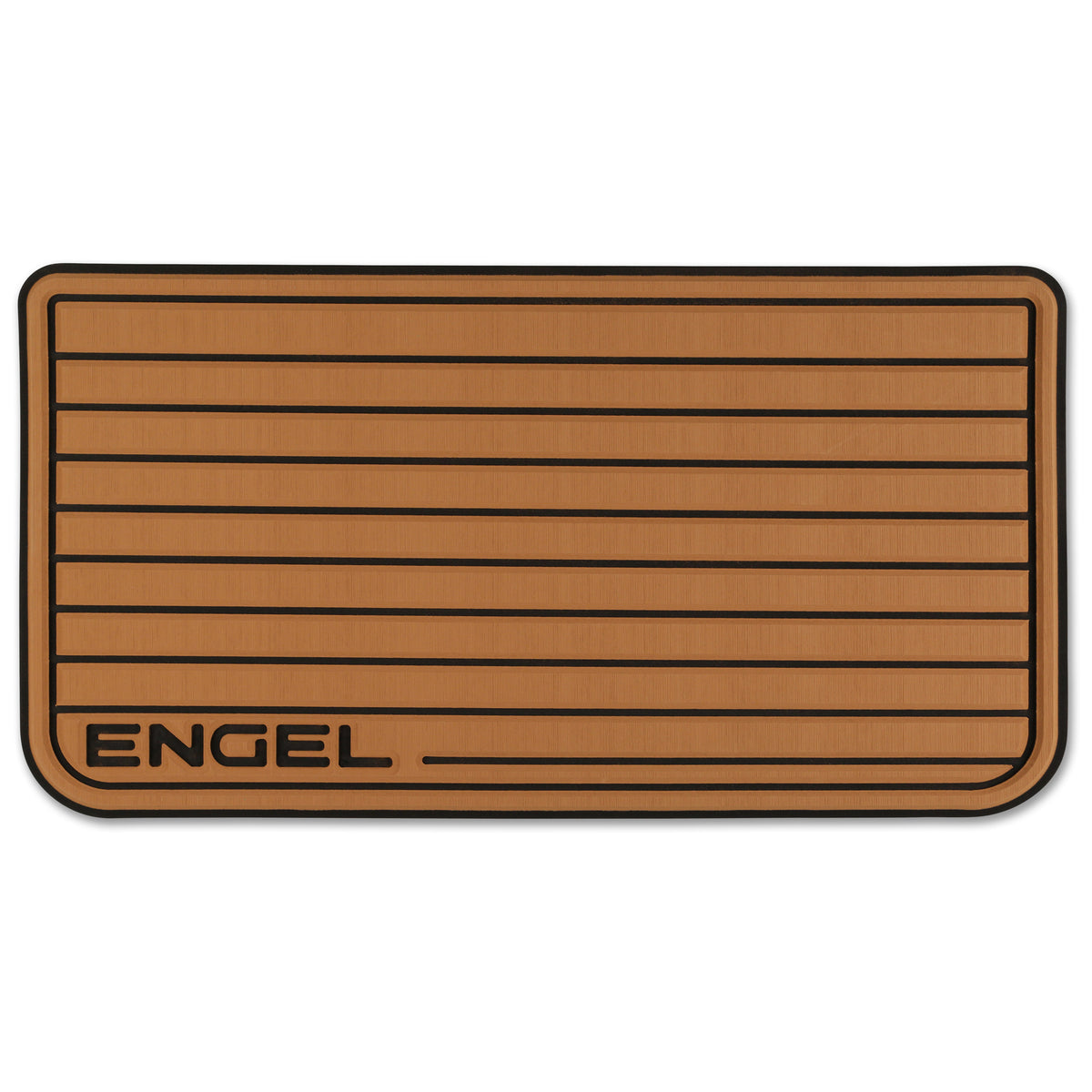 The SeaDek® Tan Teak Pattern Non-Slip Marine Cooler Topper, associated with Engel Coolers, is shown on a brown background.