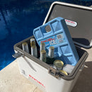 A cooler with several Engel Cooler Packs sitting next to a pool.