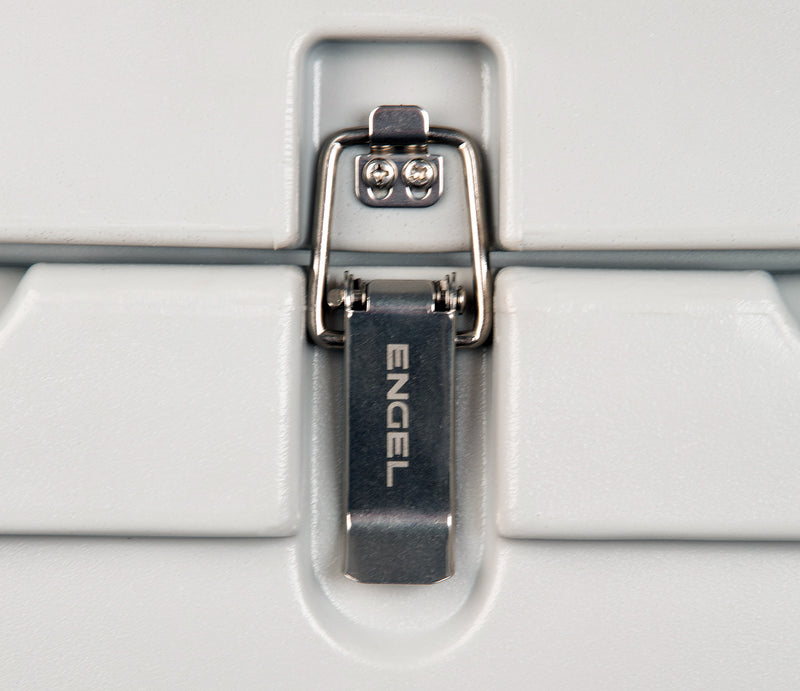 A close up of an Engel Coolers High Performance Hard Cooler Stainless Steel Latch (Single Latch) assembly.