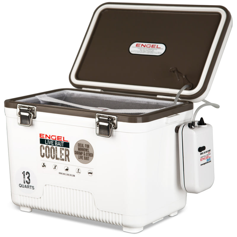 A white insulated cooler with a brown lid. 
Product: Engel Coolers Original 7.5 Quart Live Bait Drybox/Cooler
