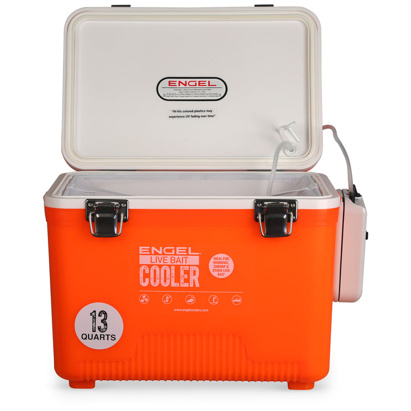 An insulated Original 13 Quart Live Bait Drybox/Cooler with a white lid by Engel Coolers.