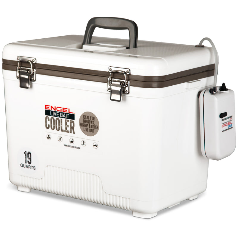 An insulated Engel Coolers Original 19 Quart Live Bait Drybox/Cooler on a white background.
