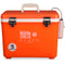 An orange insulated cooler with the word Engel Coolers on it.