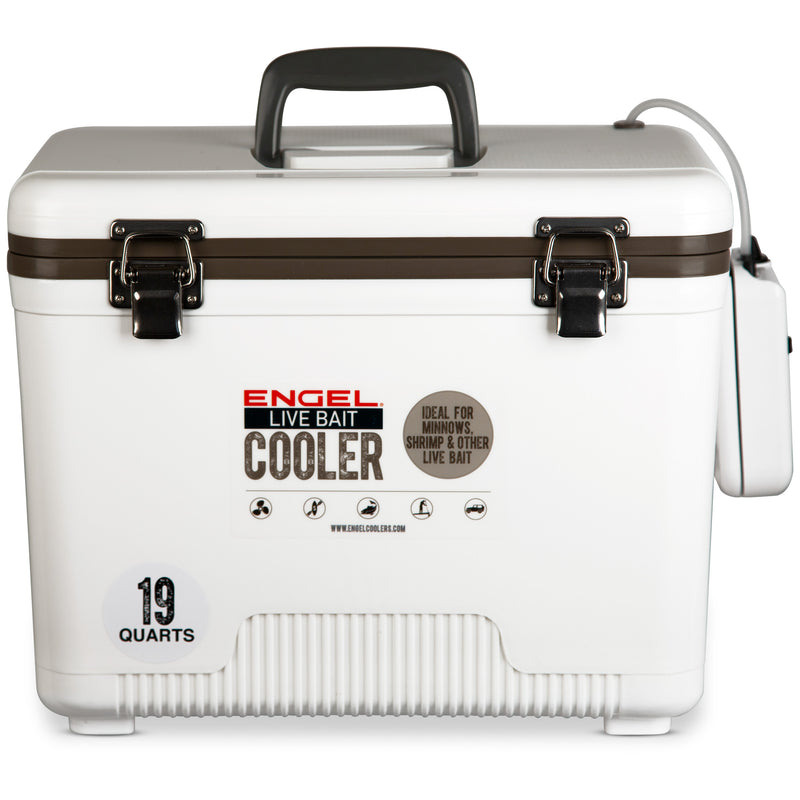 A white Engel Coolers Original 19 Quart Live Bait Drybox/Cooler on a white background.