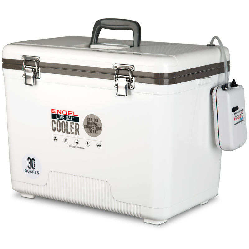 A white Original 30 Quart Live Bait Drybox/Cooler with a cord attached to it.
