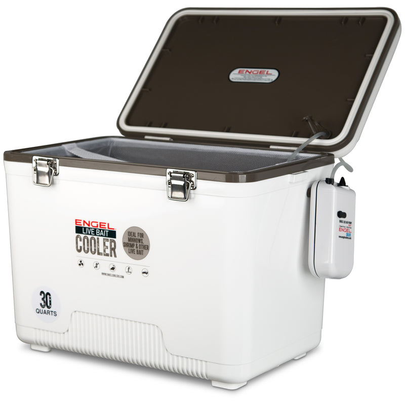 An insulated Engel Coolers Original 30 Quart Live Bait Drybox/Cooler on a white background.