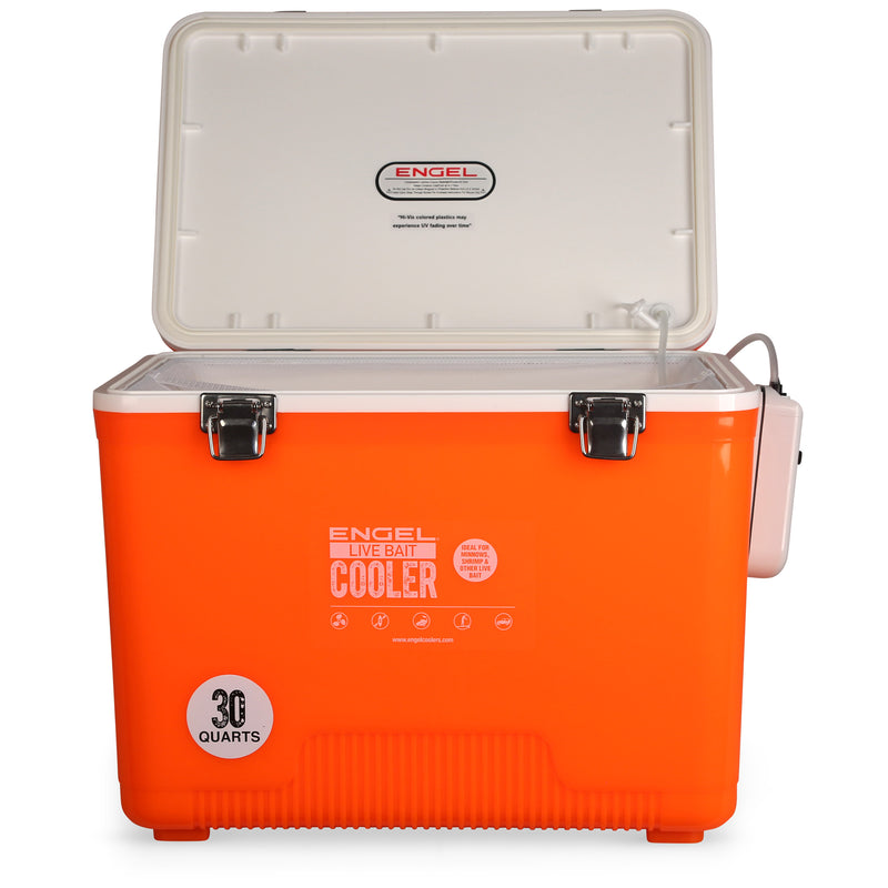 An insulated Original 30 Quart Live Bait Drybox/Cooler in Engel Coolers on a white background.
