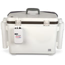 A white Engel Coolers Original 30 Quart Live Bait Drybox/Cooler with Rod Holders with a lid and two handles.