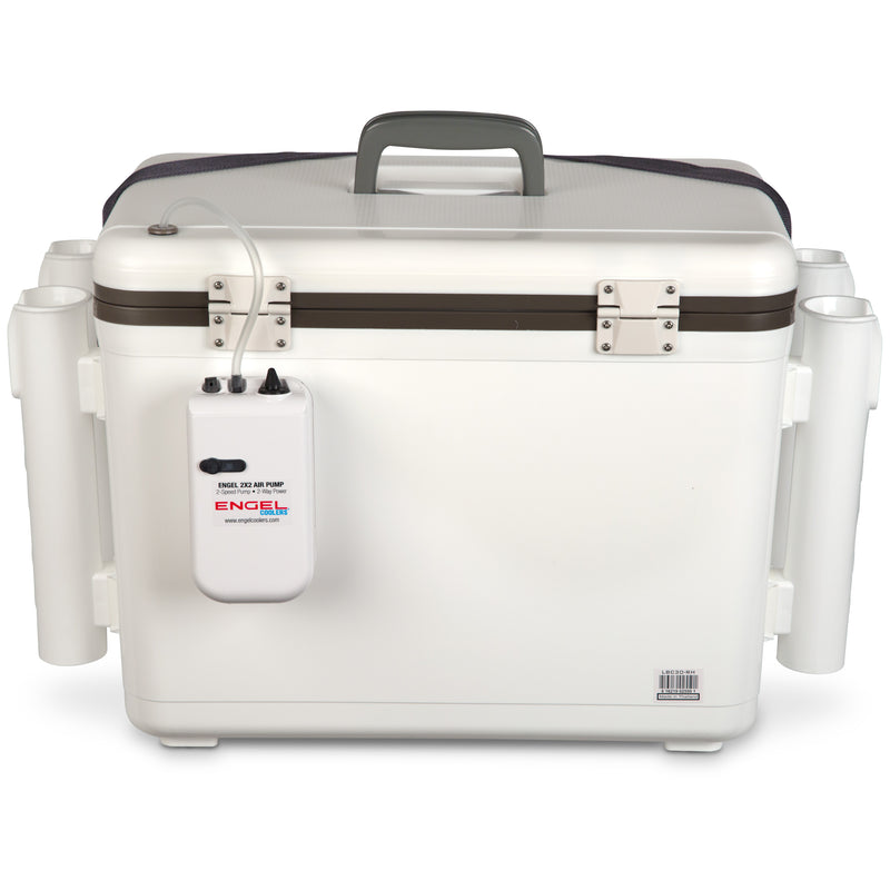 A white Engel Coolers Original 30 Quart Live Bait Drybox/Cooler with Rod Holders with a lid and two handles.