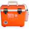 An orange insulated cooler with the word Engel Coolers on it.