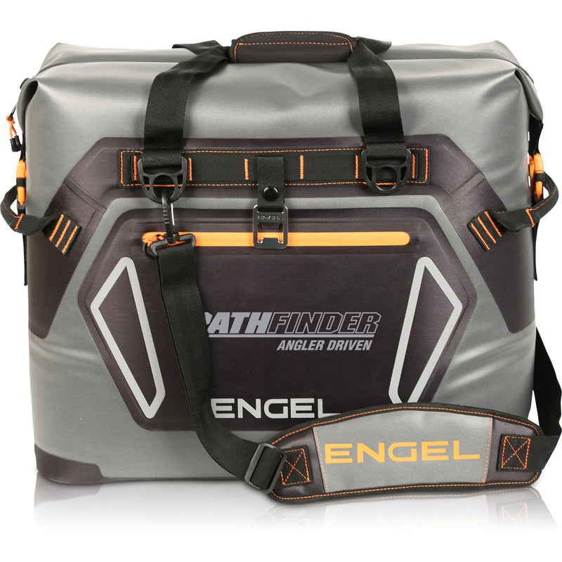 A durable gray and orange Engel Coolers HD30 Heavy-Duty soft-sided cooler bag with the word Engel on it, featuring welded seams.