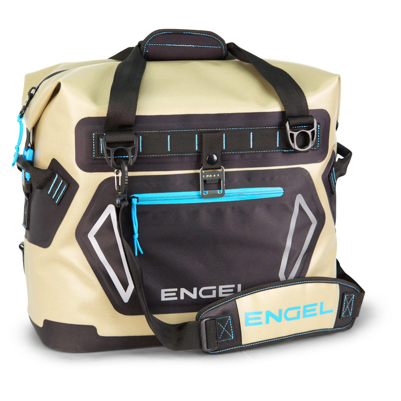 The Engel HD20 Heavy-Duty Soft Sided Cooler bag is tan and blue.