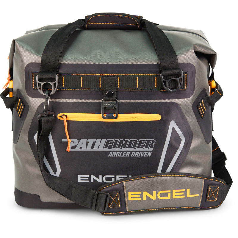 A grey and black Engel Coolers HD20 Heavy-Duty Soft Sided Cooler Bag with black straps and welded seams.