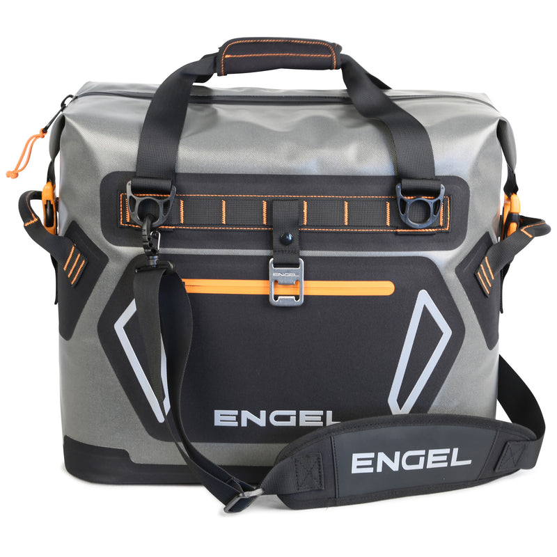 The Engel HD20 Heavy-Duty Soft Sided Cooler bag from Engel Coolers is gray and orange.