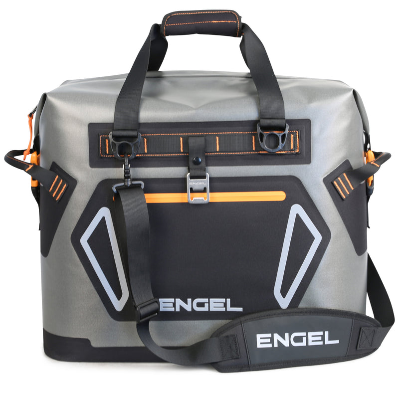 A grey and black Engel Coolers HD30 Heavy-Duty Soft Sided Cooler Bag with straps.
