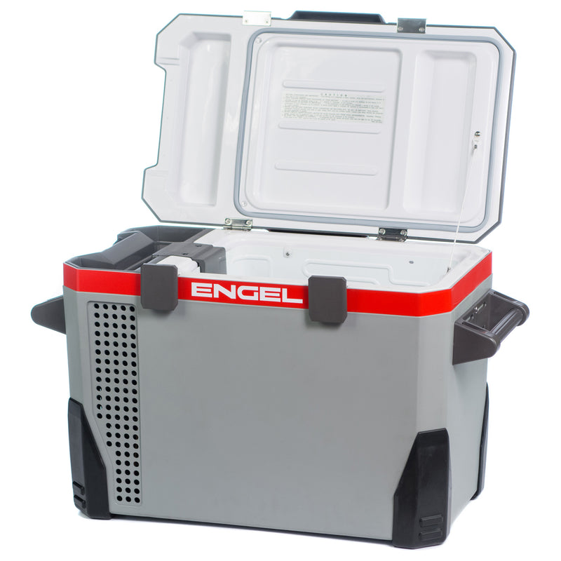 The Engel MR040 Top Opening 12/24V DC - 110/120V AC Fridge-Freezer from Engel Coolers is open on a white background.