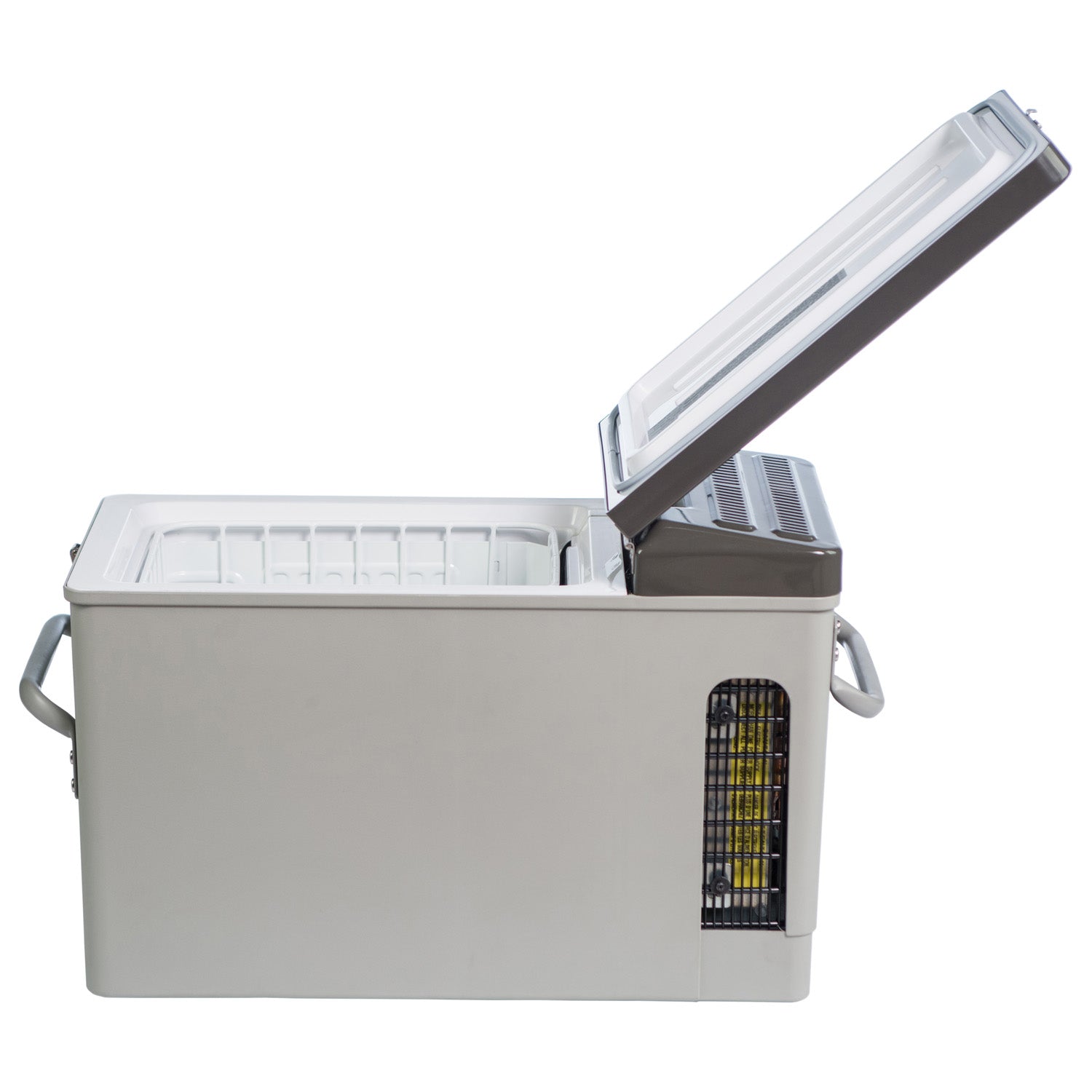 A small Engel Coolers MT17 Top Opening 12/24V DC - 110/120V AC fridge-freezer with a lid on it and temperature control.