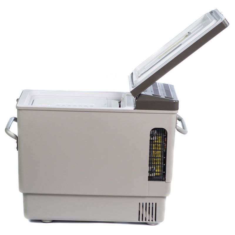 A portable Engel Coolers MT27 Top Opening 12/24V DC - 110/120V AC fridge-freezer with the door open on a white background, featuring temperature control.