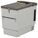 A grey Engel Coolers MT27 Top Opening 12/24V DC - 110/120V AC fridge-freezer with a yellow handle.
