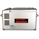 A silver Engel Coolers MT35 Platinum Series Top Opening 12/24V DC - 110/120V AC Fridge-Freezer with a red and black label.