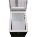 A black and white Engel Coolers MT45 Platinum Series Top Opening 12/24V DC - 110/120V AC Fridge-Freezer with a lid open.