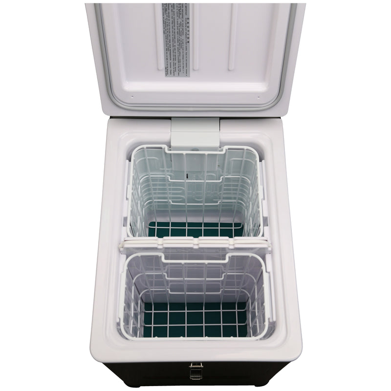 A small black Engel Coolers MT45 Combination Platinum Series Top Opening 12/24V DC -110/120V AC Fridge-Freezer cooler with two compartments.