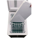 A small Engel Coolers MT45 Combination Platinum Series Top Opening 12/24V DC -110/120V AC Fridge-Freezer with two compartments open.