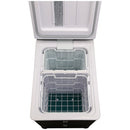 A small Engel Coolers MT45 Combination Platinum Series Top Opening 12/24V DC -110/120V AC fridge-freezer with two compartments open on a white background.