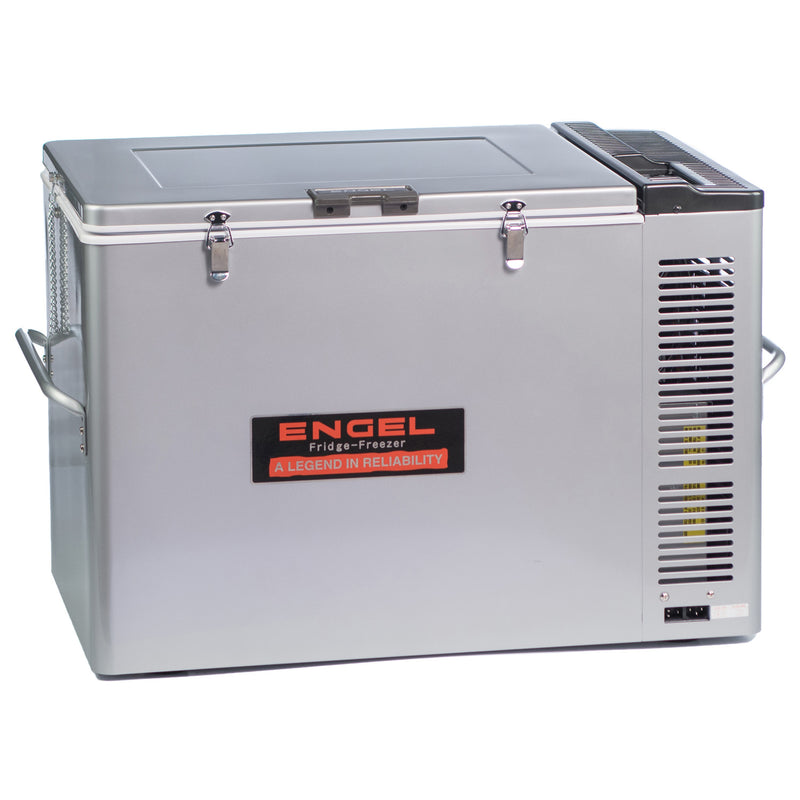 An Engel Coolers MT80 Top Opening 12/24V DC - 110/120V AC Fridge-Freezer with temperature control on a white background.
