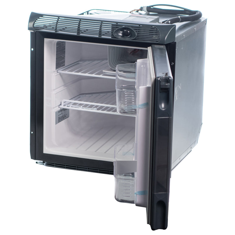 A Engel SB70 Front Opening 12/24V DC Only Fridge-Freezer with a door open on a white background.