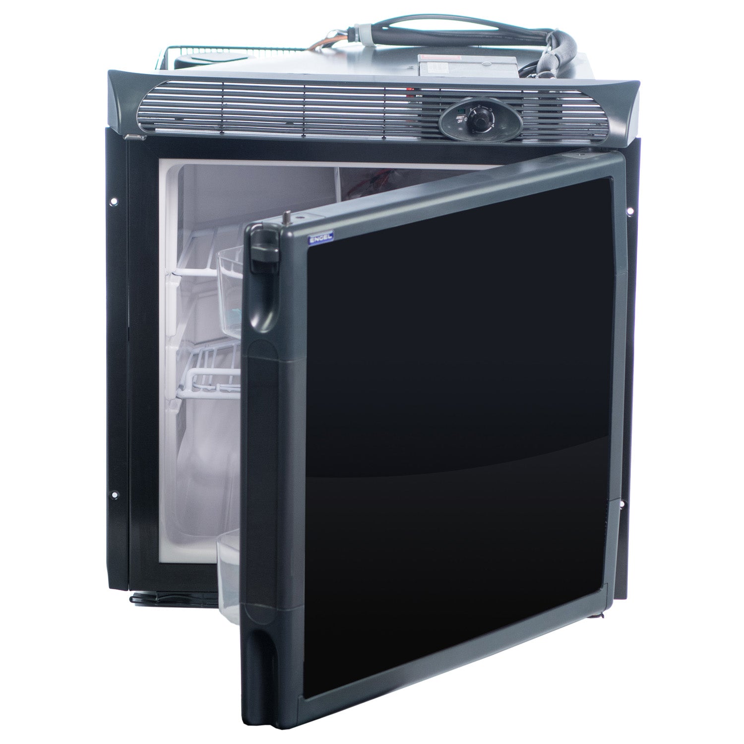 A Engel Coolers Engel SB70 Front Opening 12/24V DC Only Fridge-Freezer with the door open on a white background.