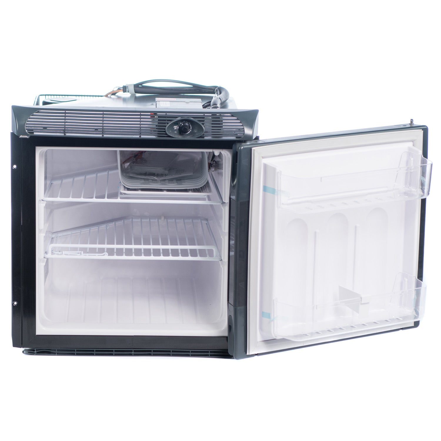 A small Engel Coolers SB70 Front Opening 12/24V DC Only Fridge-Freezer with the door open on a white background.