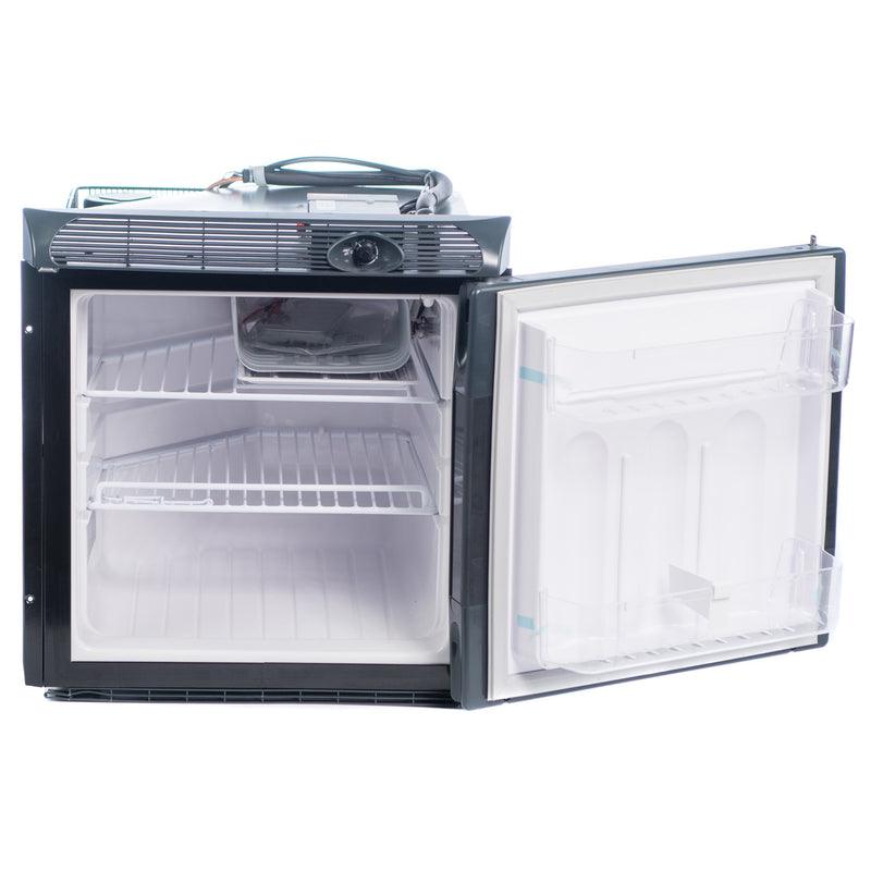 A small Engel Coolers SB70 Front Opening 12/24V DC Only Fridge-Freezer with the freezer compartment and the door open on a white background.