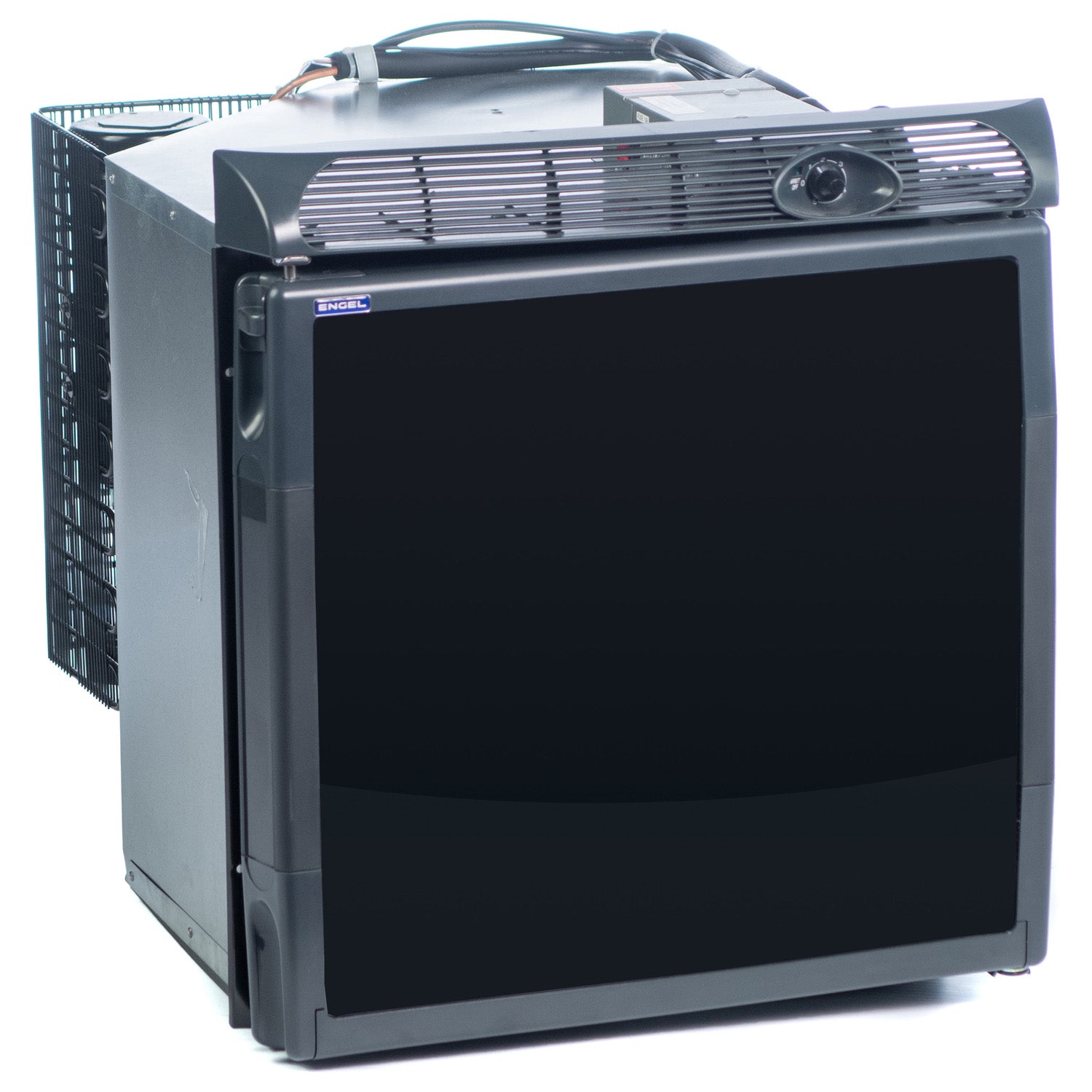 A black Engel Coolers SB70 Front Opening 12/24V DC Only Fridge-Freezer on a white background.