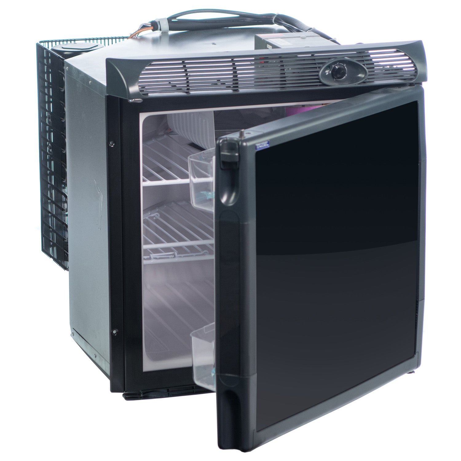 A black Engel Coolers SB70 Front Opening 12/24V DC Only Fridge-Freezer with a door open.