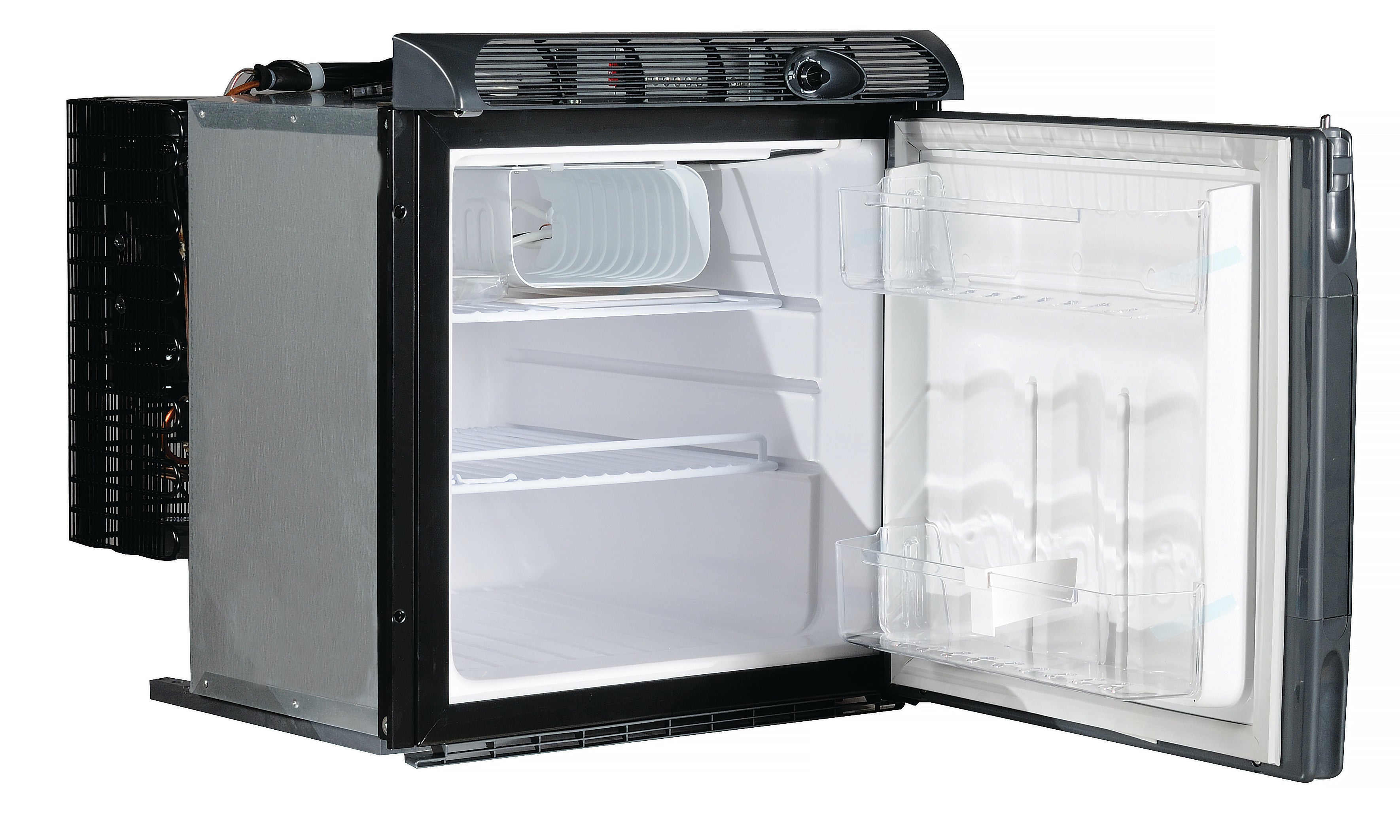 A Engel Coolers SB70 Front Opening 12/24V DC Only Fridge-Freezer with the door open on a white background.