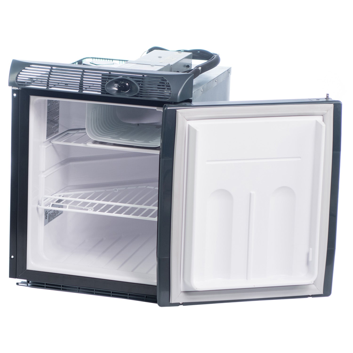 A Engel Coolers SR48 Front Opening 12/24V DC - 110/120V AC Fridge-Freezer with a door open on a white background.