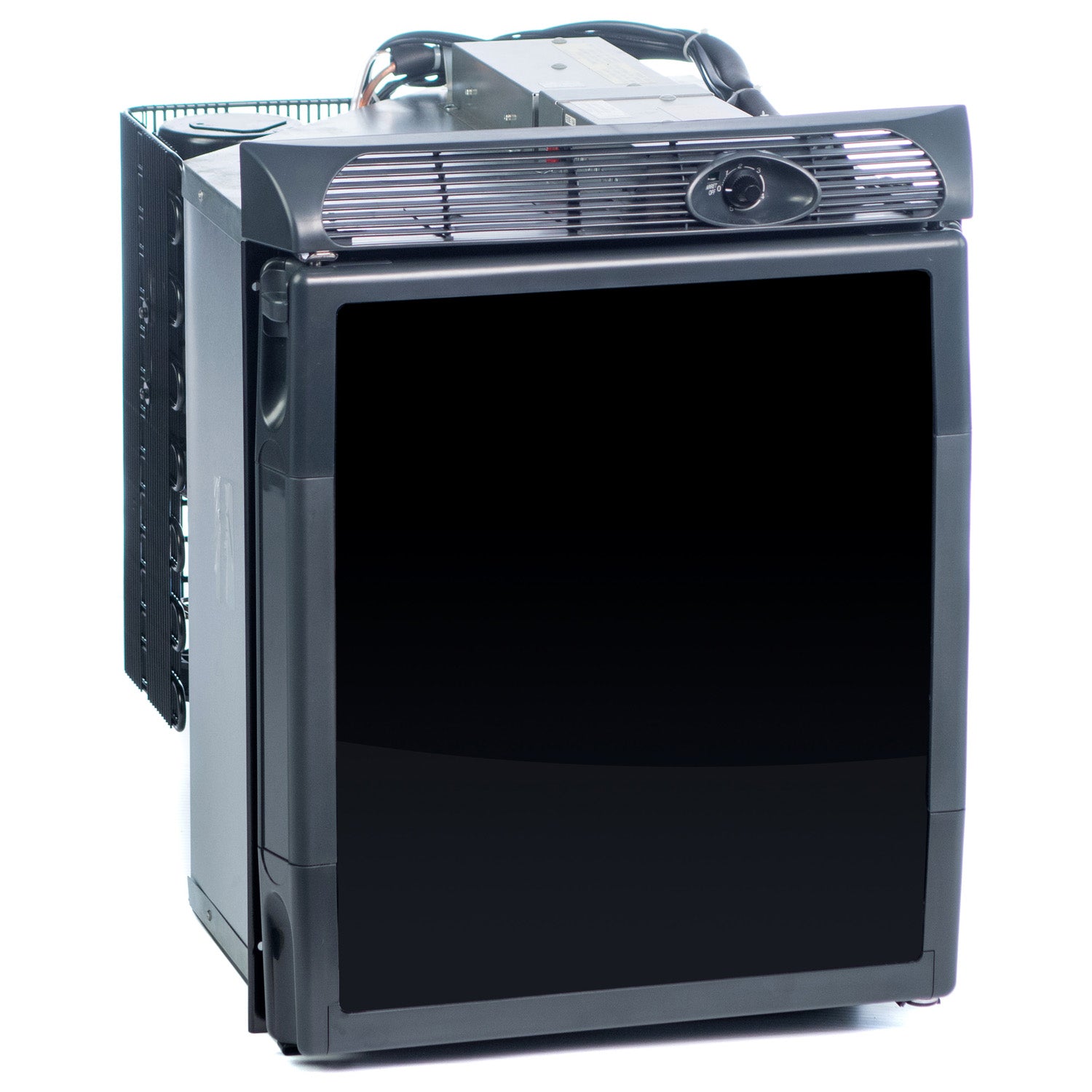 A black Engel Coolers SR48 Front Opening 12/24V DC - 110/120V AC Fridge-Freezer with a black door.