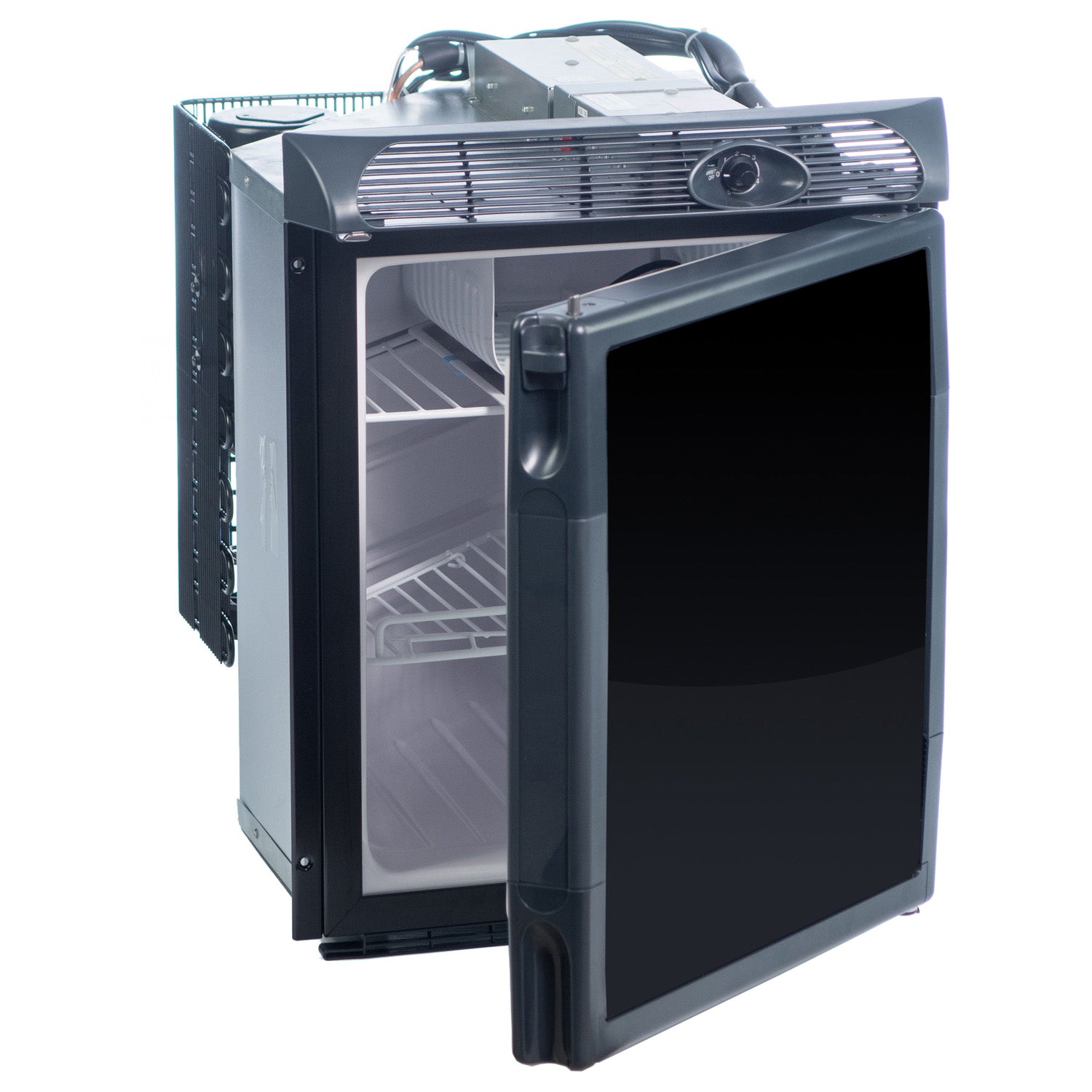 A Engel Coolers SR48 Front Opening 12/24V DC - 110/120V AC Fridge-Freezer with the door open on a white background.