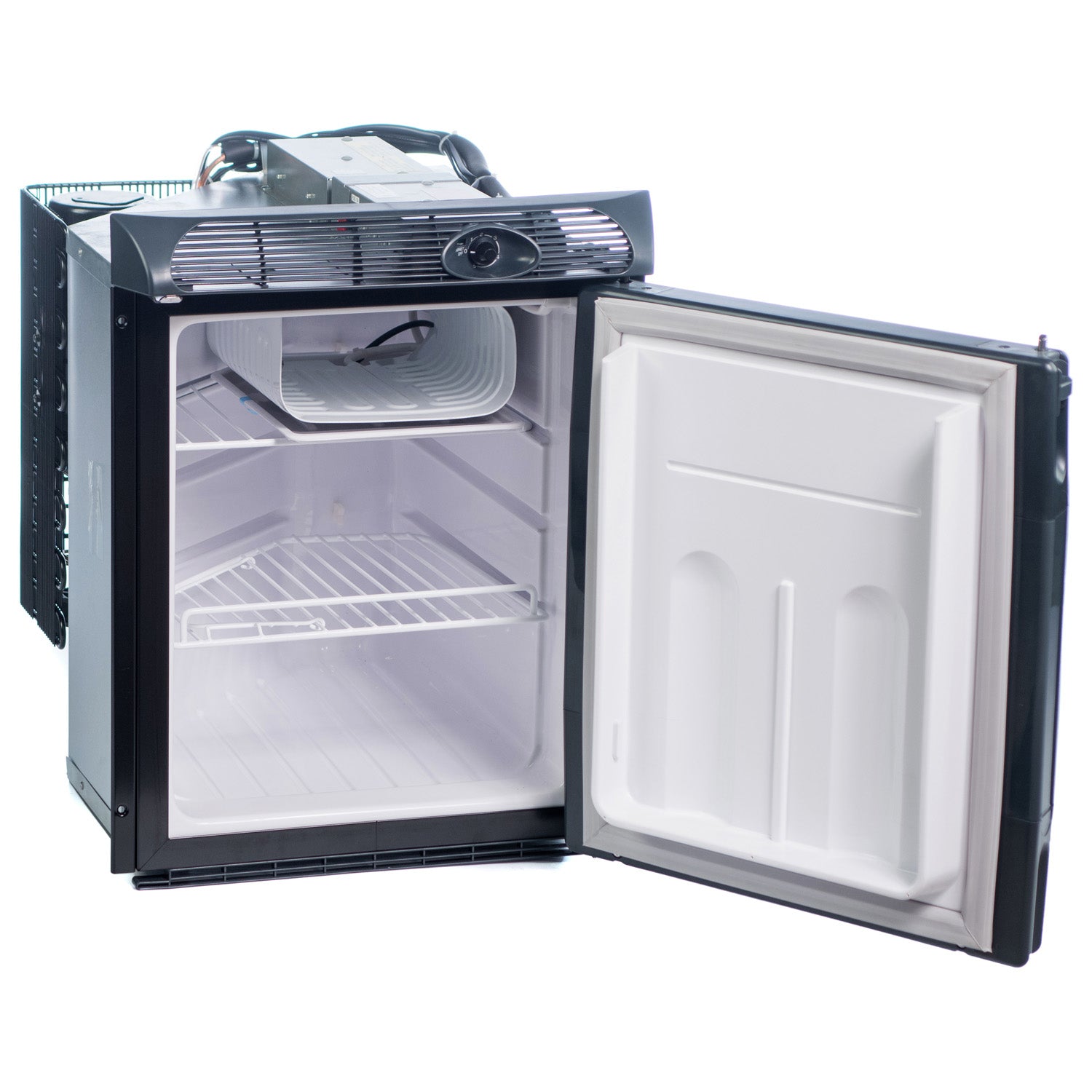 A small Engel Coolers refrigerator/freezer with the door open on a white background, perfect for RV kitchens.