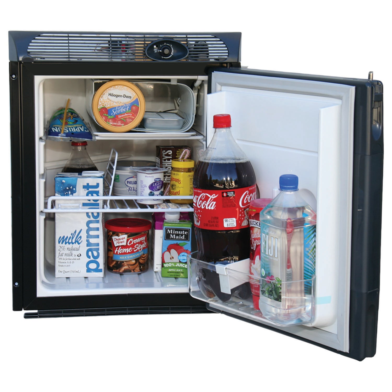 A small Engel Coolers SR48 Front Opening 12/24V DC - 110/120V AC Fridge-Freezer with a lot of food in it.