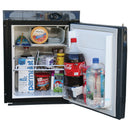 A small Engel SR48 Front Opening 12/24V DC - 110/120V AC Fridge-Freezer refrigerator with a lot of food in it.