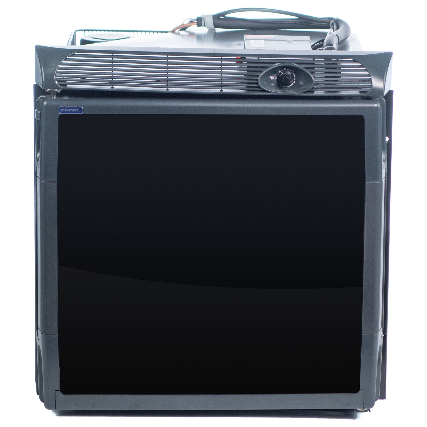 A black Engel SR70 Front Opening 12/24V DC - 110/120V AC Fridge-Freezer refrigerator with a screen on it.