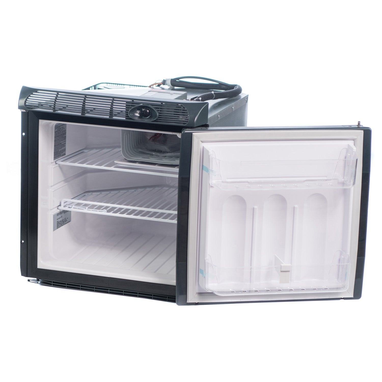 A small Engel SR70 Front Opening 12/24V DC - 110/120V AC Fridge-Freezer refrigerator with a door open on a white background.