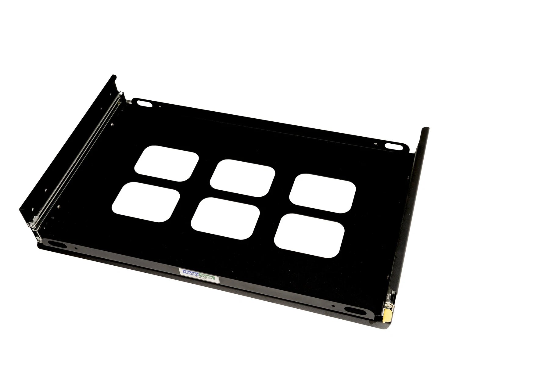 A black rectangular object with white squares and Accuride locking slide tracks is the Tembo Tusk Side Pull Fridge-Freezer Slides from Engel Coolers.