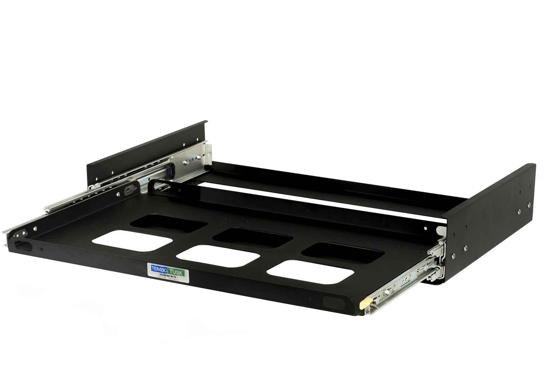 A black metal shelf with Engel Coolers Accuride locking slide tracks and white squares.