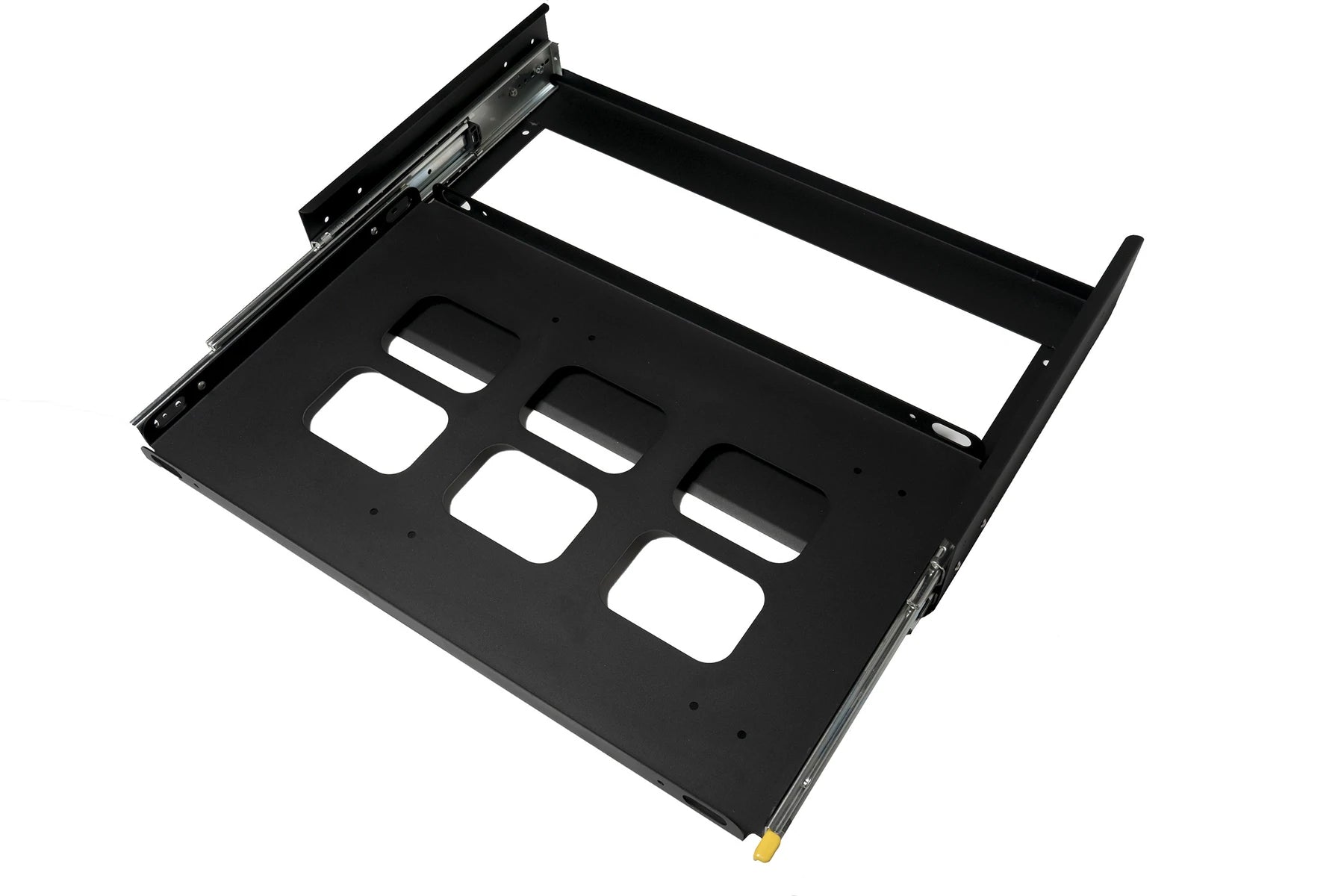 A black rack with two slots for a hard drive, featuring Engel Coolers' Tembo Tusk Side Pull Fridge-Freezer Slides.